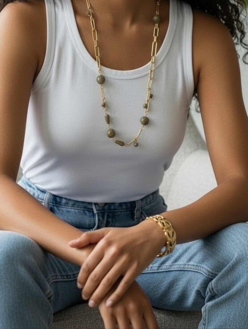 Organic Modern Gold-Tone and Olive Green Link Necklace With Bangle Bracelet New